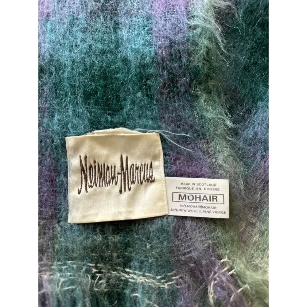 Vintage Neiman Marcus plaid mohair wool throw blanket purple green teal 68x44”